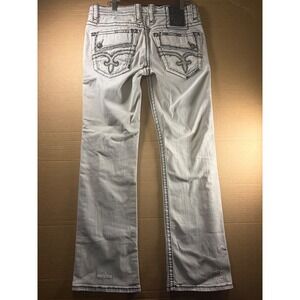 Rock Revival Destin Boot Cut Jeans Mens 32 Off-White Distressed Heavy Stitch